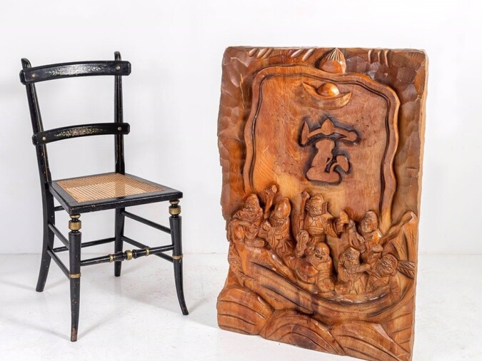 Large Seven Lucky Gods of Fortune Carved Wood Tree Sculpture