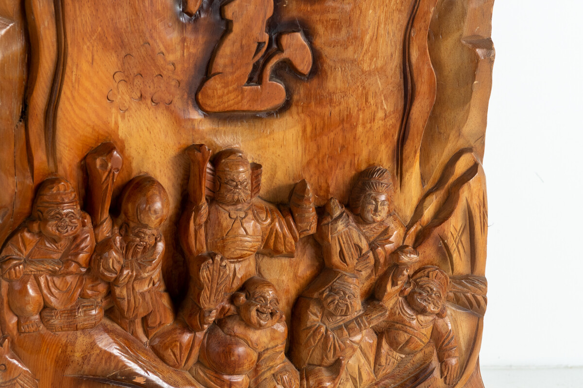 Large Seven Lucky Gods of Fortune Carved Wood Tree Sculpture - Image 4
