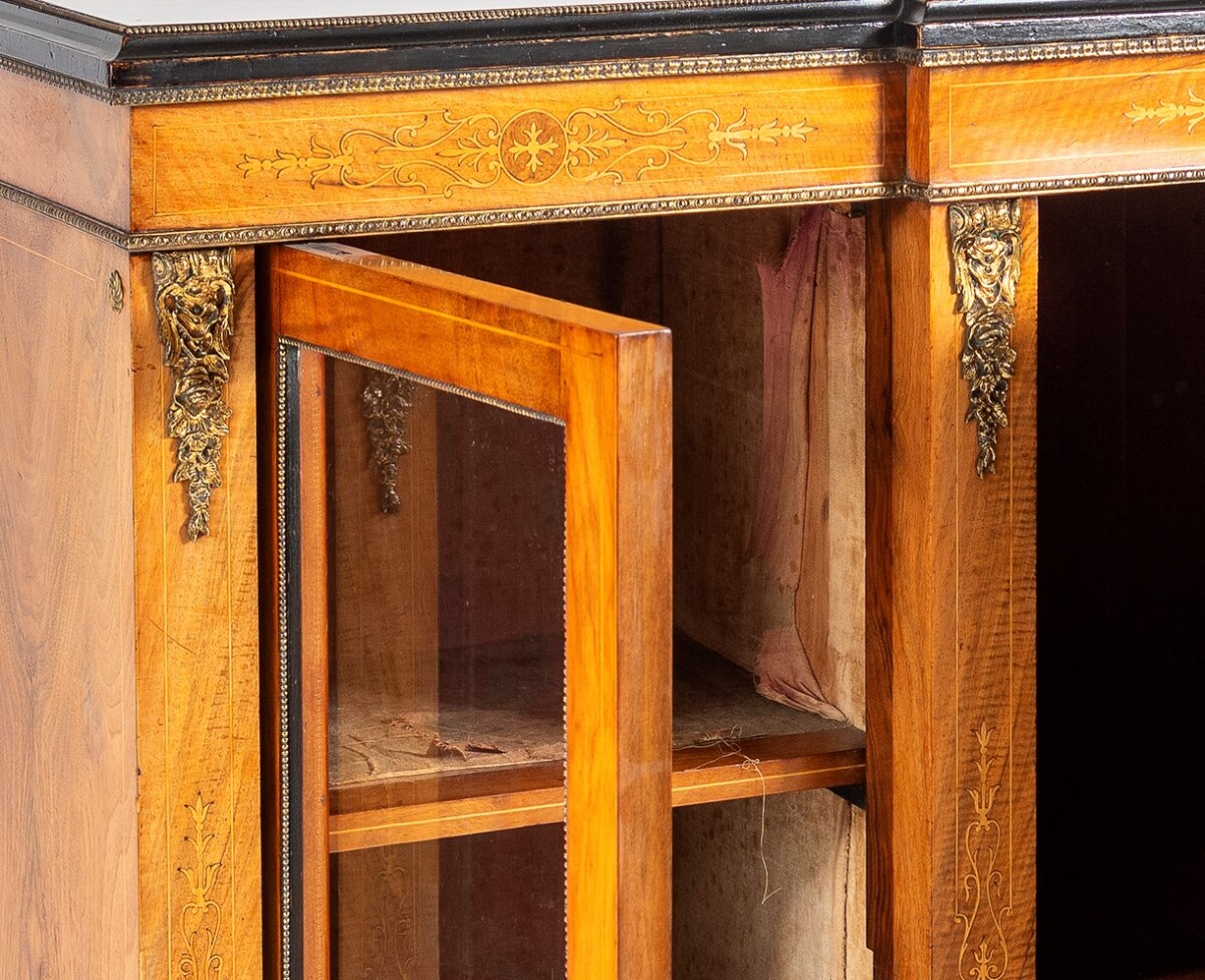 ANTIQUE VICTORIAN WALNUT AND BOXWOOD INLAY BREAKFRONT CABINET - Image 4