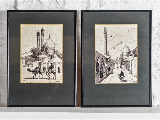1954 Pen & Ink by R A Hayrapetian Tehran - Pair
