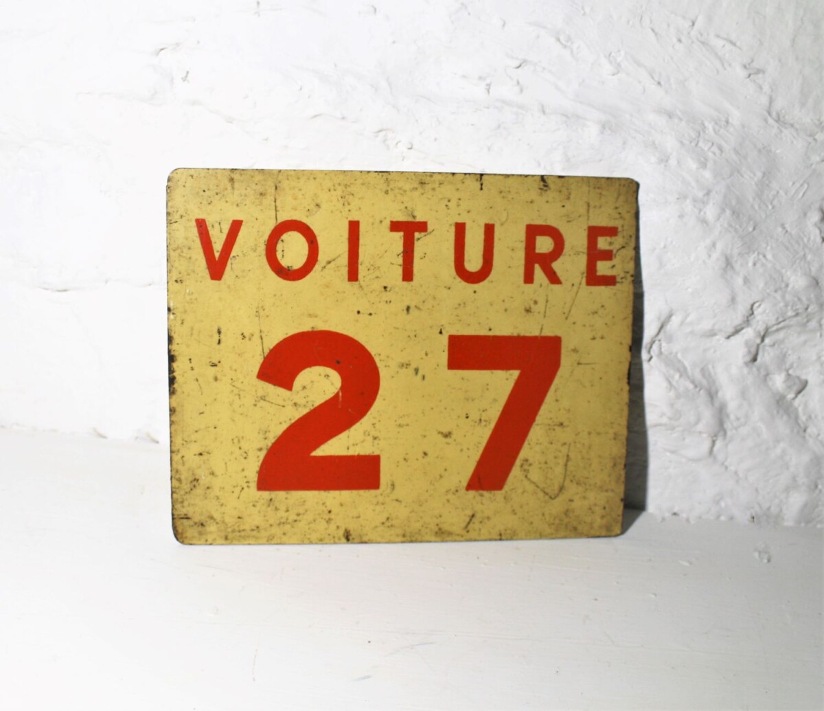 A Small French Metal Railway Sign 'Voiture 27'