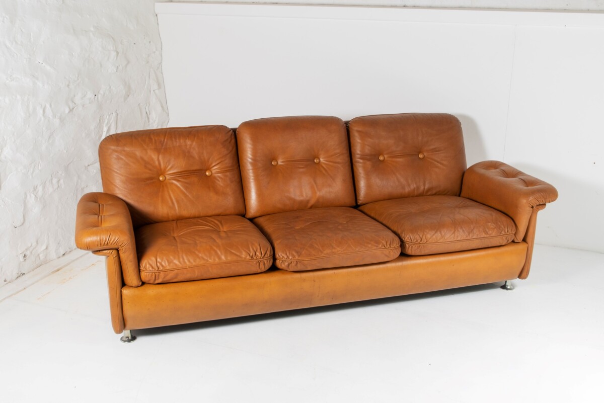 1970s Cognac Leather three Seater Sofa | Mid Century Svend Skipper | 3 person - Image 5
