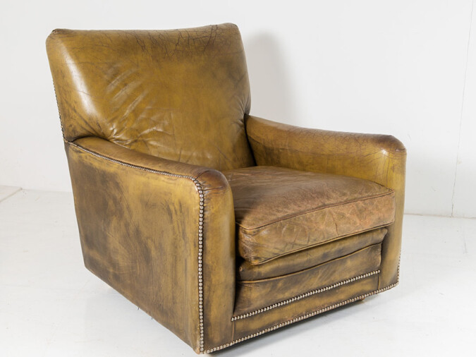 Green Leather Mid Century Club Armchair