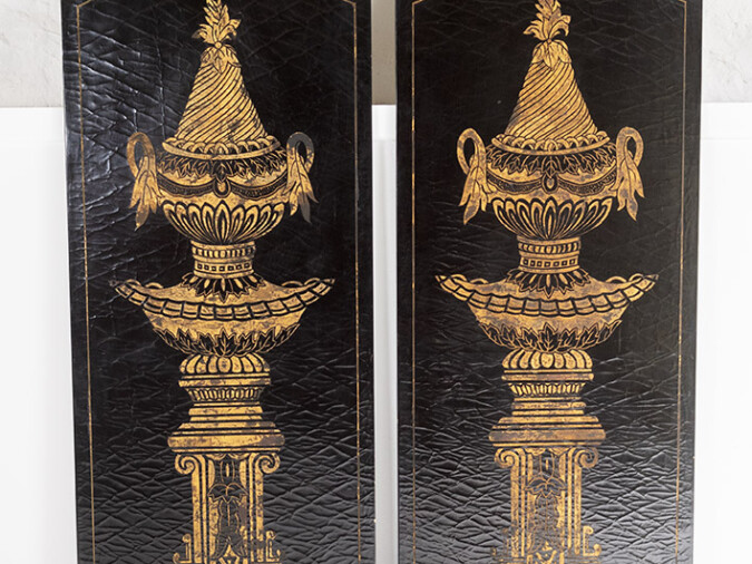 Italian Style Gold Empire Urns on Black Lacquered Panels | Large Wall Art