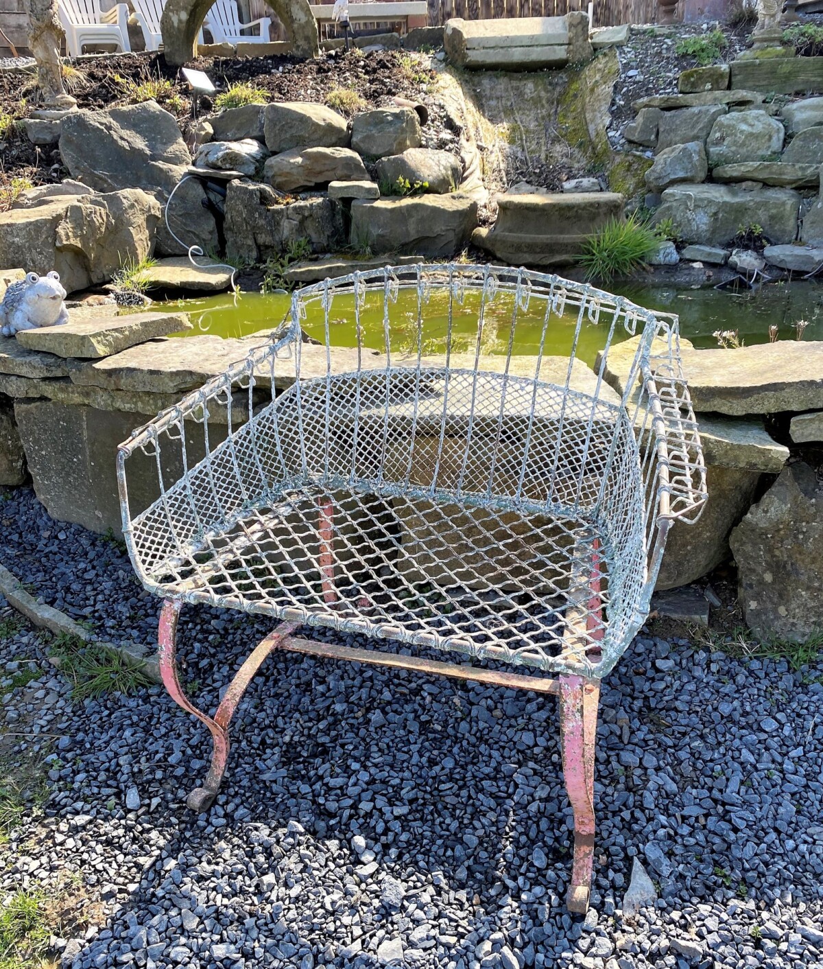A Rare 1920s Wirework Garden Seat with Scroll Wrought Iron Feet - Image 3