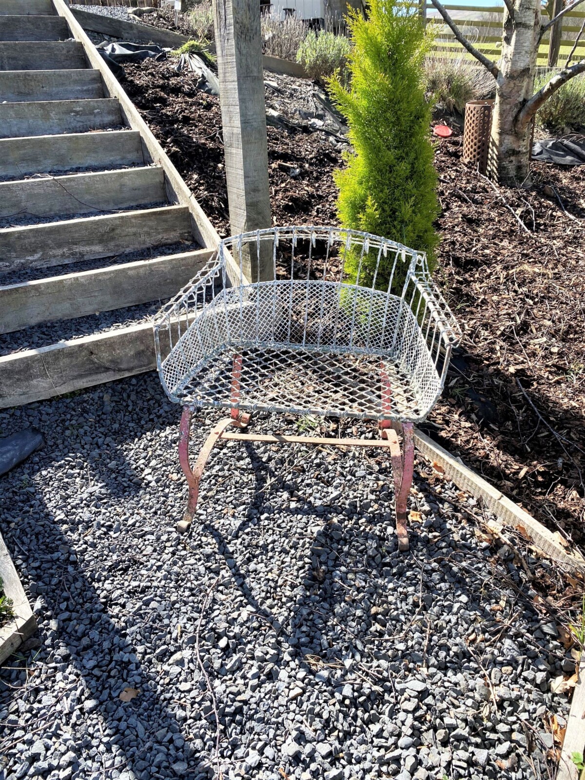 A Rare 1920s Wirework Garden Seat with Scroll Wrought Iron Feet