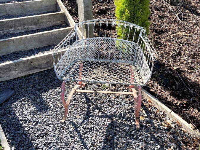 A Rare 1920s Wirework Garden Seat with Scroll Wrought Iron Feet