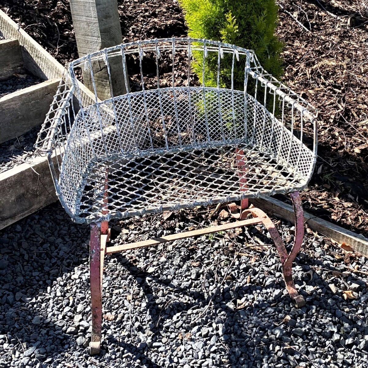 A Rare 1920s Wirework Garden Seat with Scroll Wrought Iron Feet - Image 9