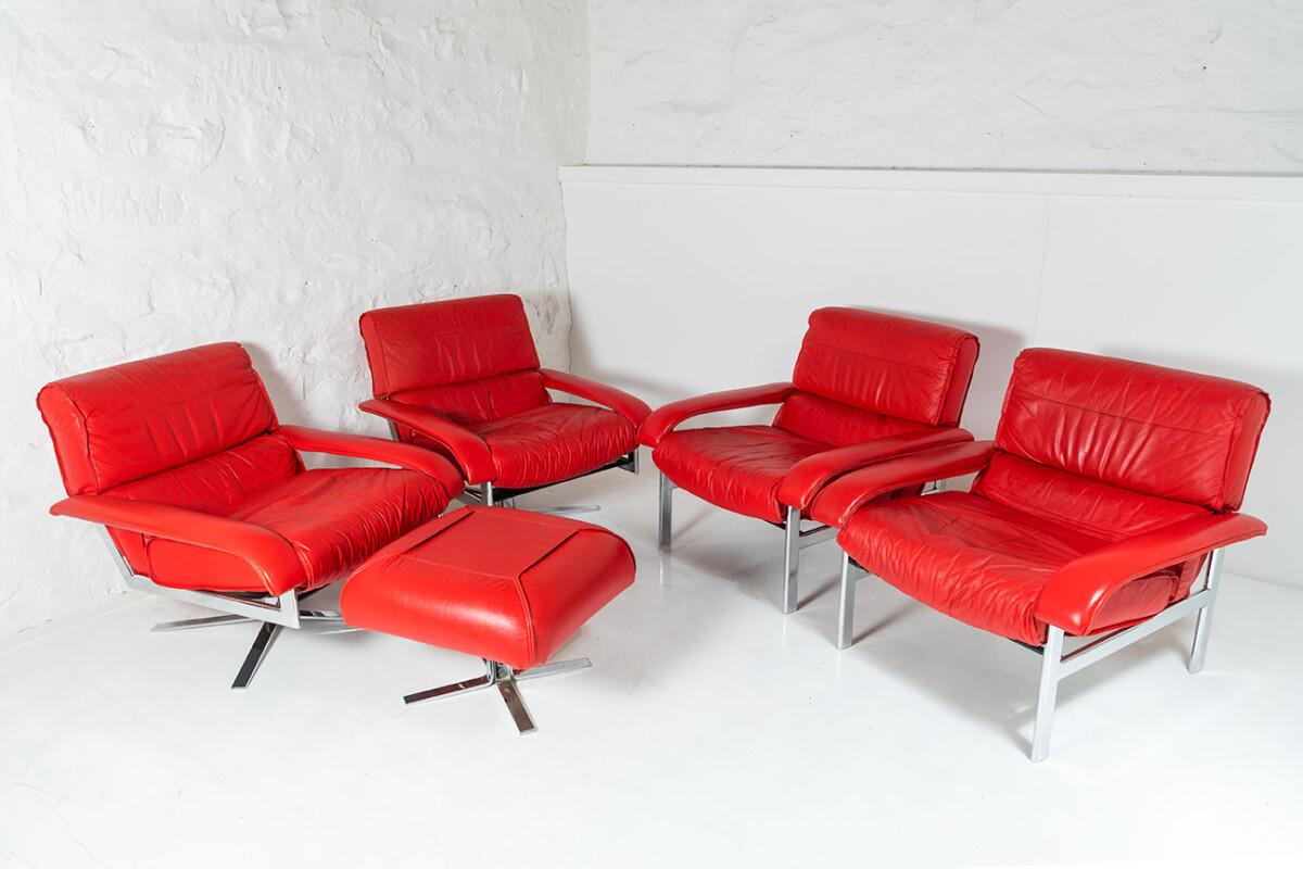 Mid Century Pieff Gamma Red Leather Tubular Chrome Suite complete with Swivel Chairs, Armchairs and Footstool