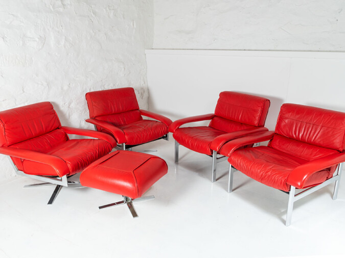 Mid Century Pieff Gamma Red Leather Tubular Chrome Suite complete with Swivel Chairs, Armchairs and Footstool