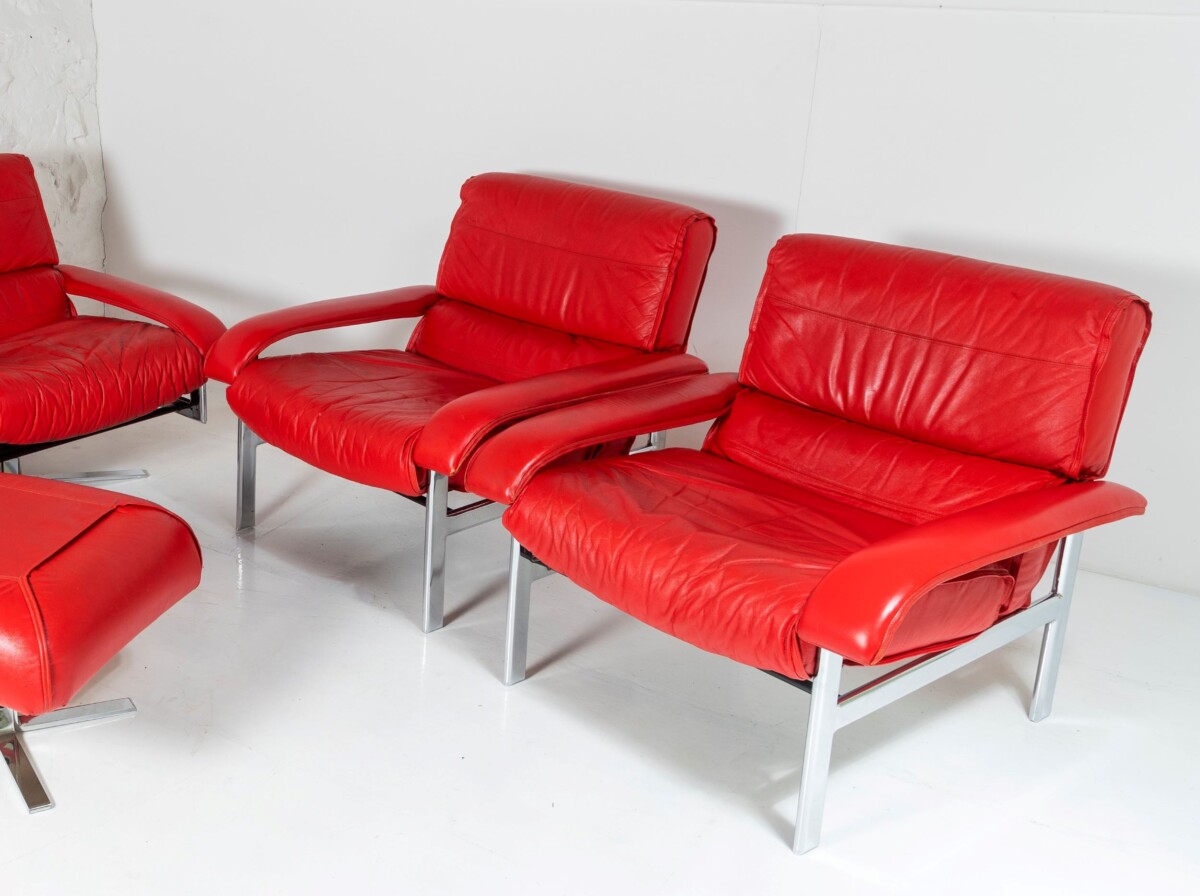 Mid Century Pieff Gamma Red Leather Tubular Chrome Suite complete with Swivel Chairs, Armchairs and Footstool - Image 4