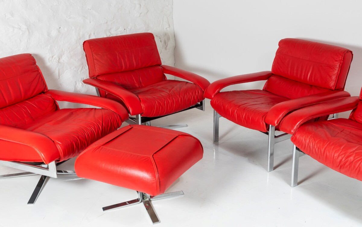 Mid Century Pieff Gamma Red Leather Tubular Chrome Suite complete with Swivel Chairs, Armchairs and Footstool - Image 35