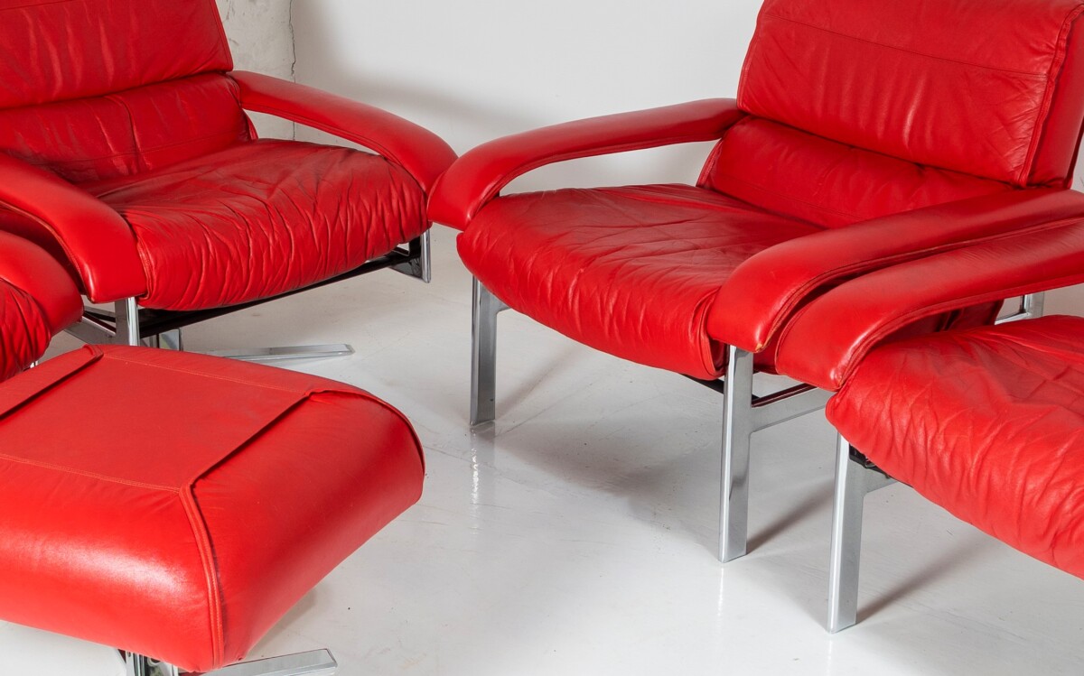 Mid Century Pieff Gamma Red Leather Tubular Chrome Suite complete with Swivel Chairs, Armchairs and Footstool - Image 31