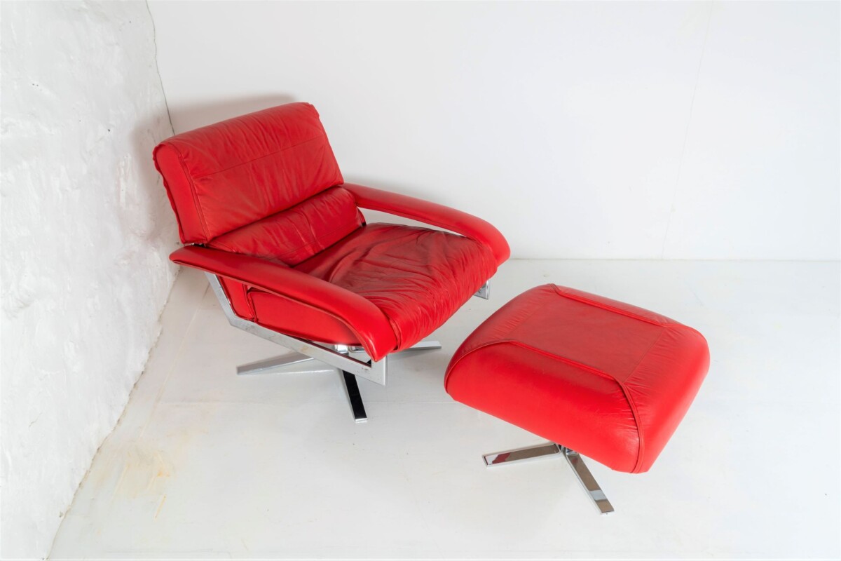 Mid Century Pieff Gamma Red Leather Tubular Chrome Suite complete with Swivel Chairs, Armchairs and Footstool - Image 3