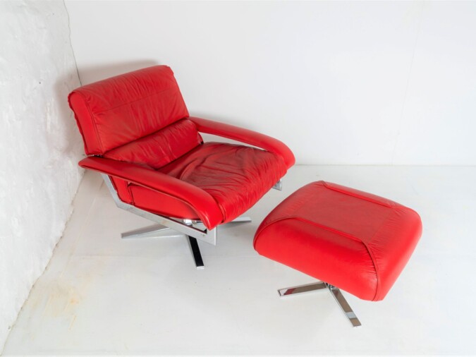 Mid Century Pieff Red Leather Tubular Chrome Swivel Chair with Footstool Ottoman
