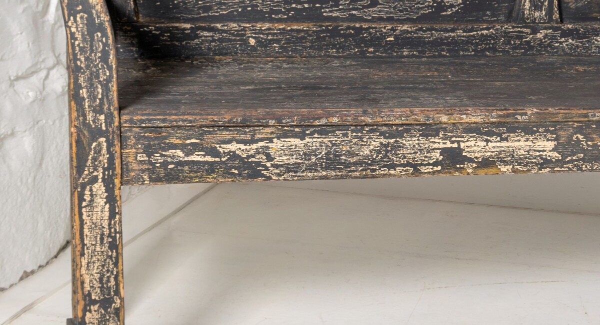 An Early European Settle Farmhouse Bench in old Paint | 3 Seater Bench - Image 6