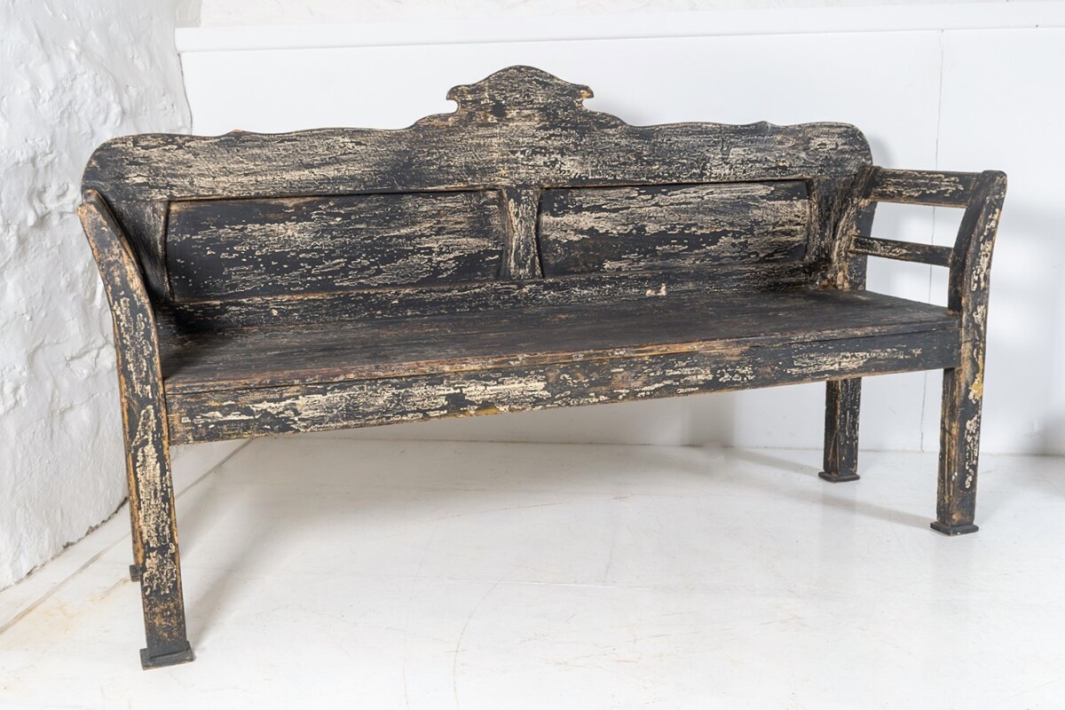 An Early European Settle Farmhouse Bench in old Paint | 3 Seater Bench - Image 2