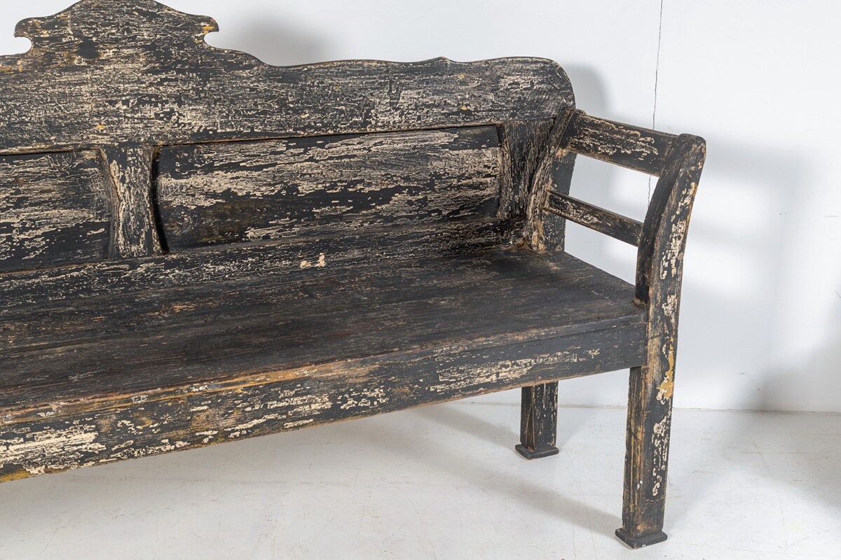 An Early European Settle Farmhouse Bench in old Paint | 3 Seater Bench - Image 4