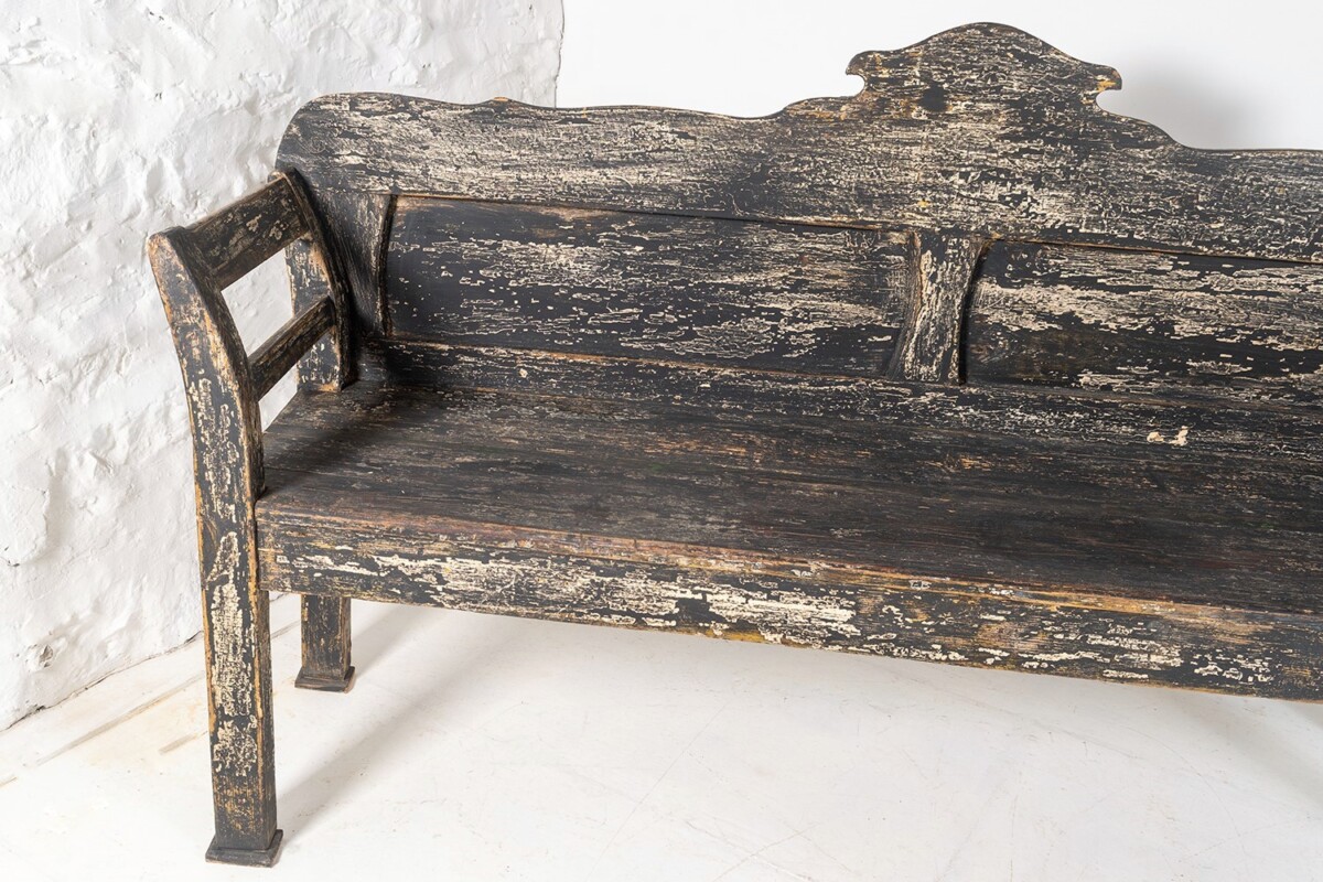 An Early European Settle Farmhouse Bench in old Paint | 3 Seater Bench - Image 3