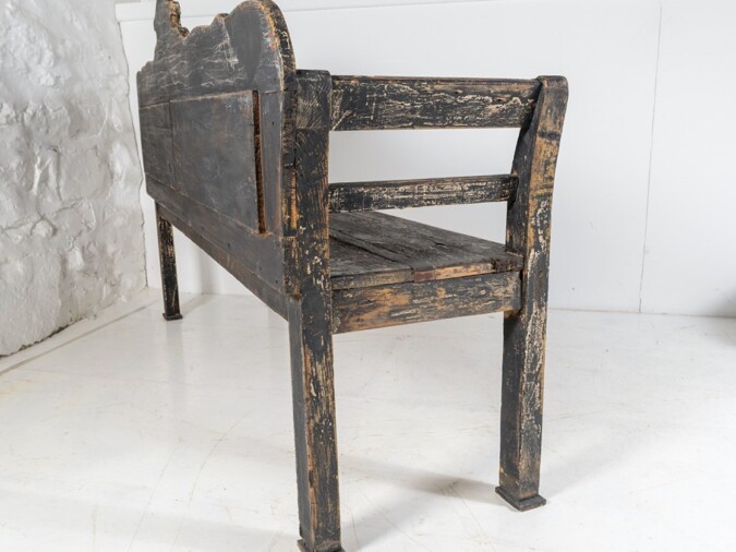 An Early European Settle Farmhouse Bench in old Paint | 3 Seater Bench