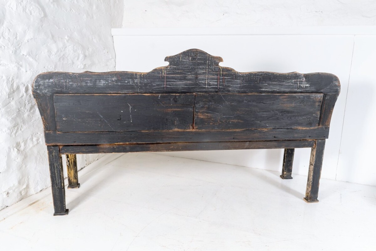 An Early European Settle Farmhouse Bench in old Paint | 3 Seater Bench - Image 7