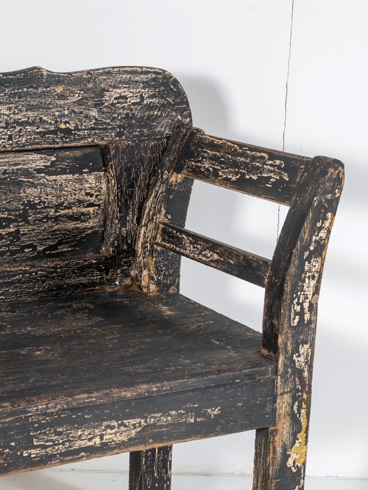An Early European Settle Farmhouse Bench in old Paint | 3 Seater Bench - Image 5