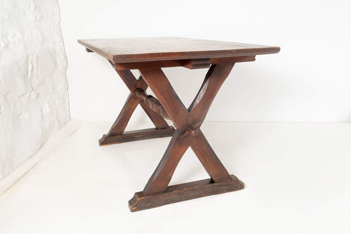 A wonderful ecclesiastical X-frame church dining refectory table desk | English Circa 1850