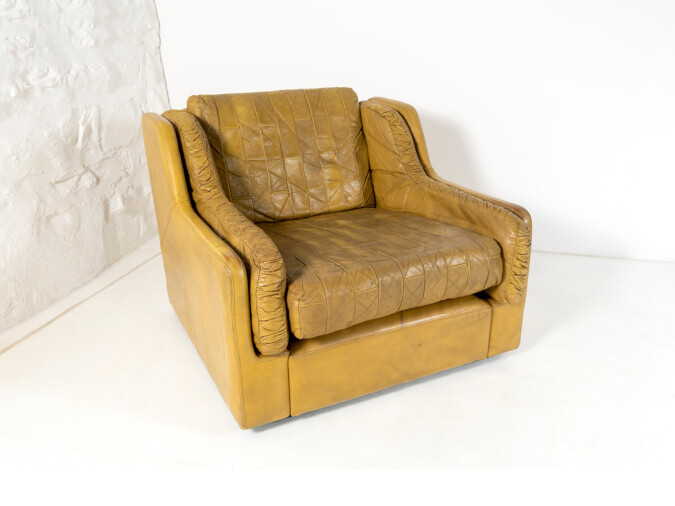 Mid Century 1970s Vintage Green Patchwork Leather Armchair by Gimson & Slater England