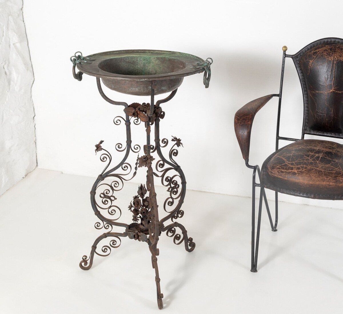 Antique Wrought Iron and Copper Jardinière Torchère Plant Stand