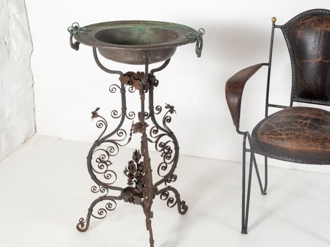Antique Wrought Iron and Copper Jardinière Torchère Plant Stand