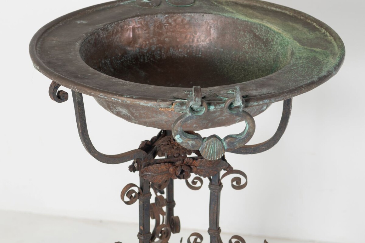 Antique Wrought Iron and Copper Jardinière Torchère Plant Stand - Image 2
