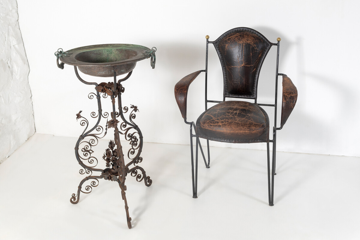 Antique Wrought Iron and Copper Jardinière Torchère Plant Stand - Image 9