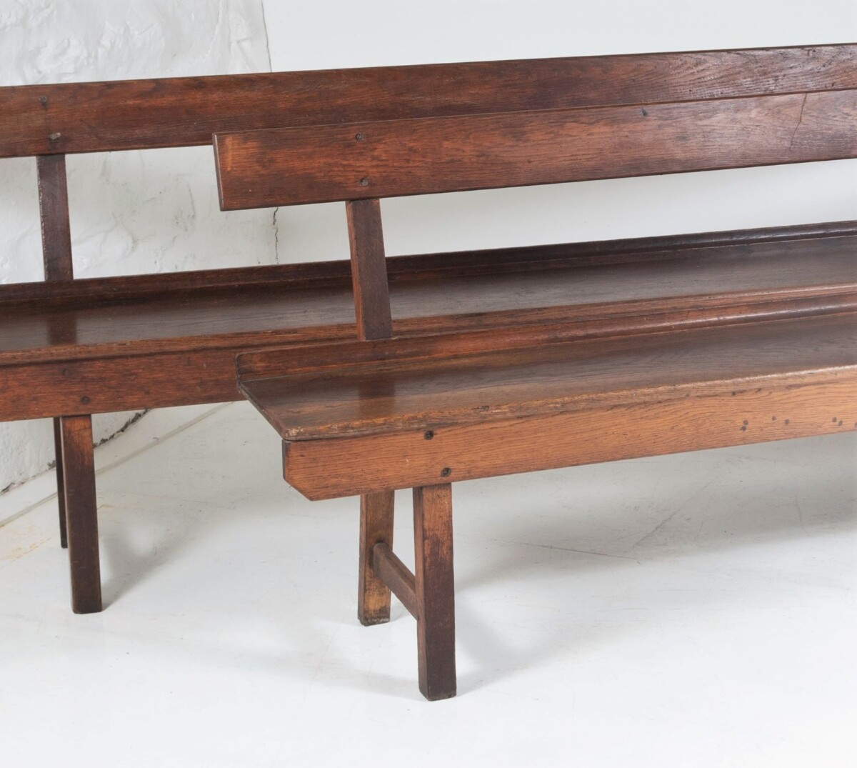A Pair of Long Antique English Oak Refectory Benches with Back | Dining Room Seating Bench - Image 9