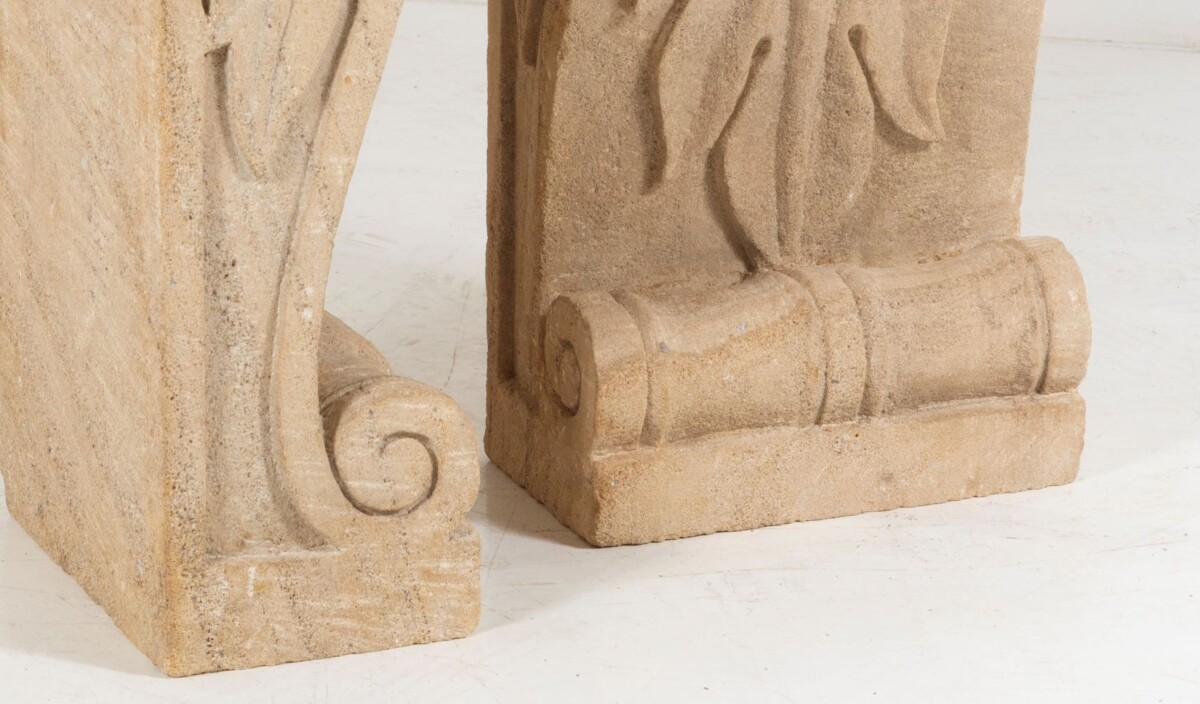 French Empire Carved Sandstone Acanthus Leaf Plinths with Glass Top Console Table - Image 4