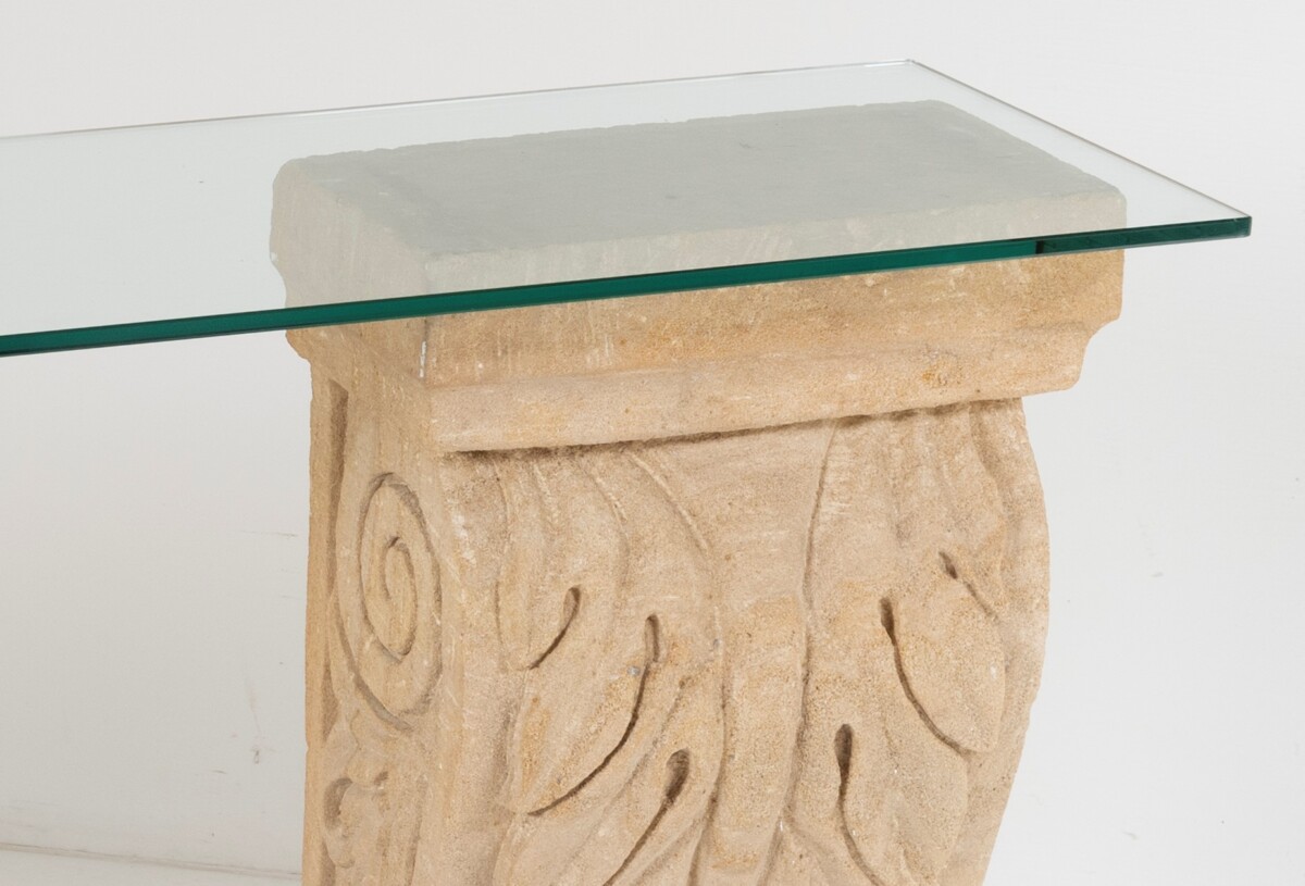 French Empire Carved Sandstone Acanthus Leaf Plinths with Glass Top Console Table - Image 3