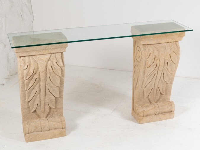 French Empire Carved Sandstone Acanthus Leaf Plinths with Glass Top Console Table