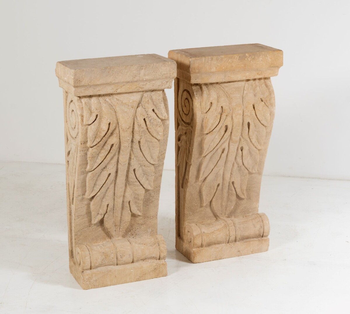 French Empire Carved Sandstone Acanthus Leaf Plinths with Glass Top Console Table - Image 6