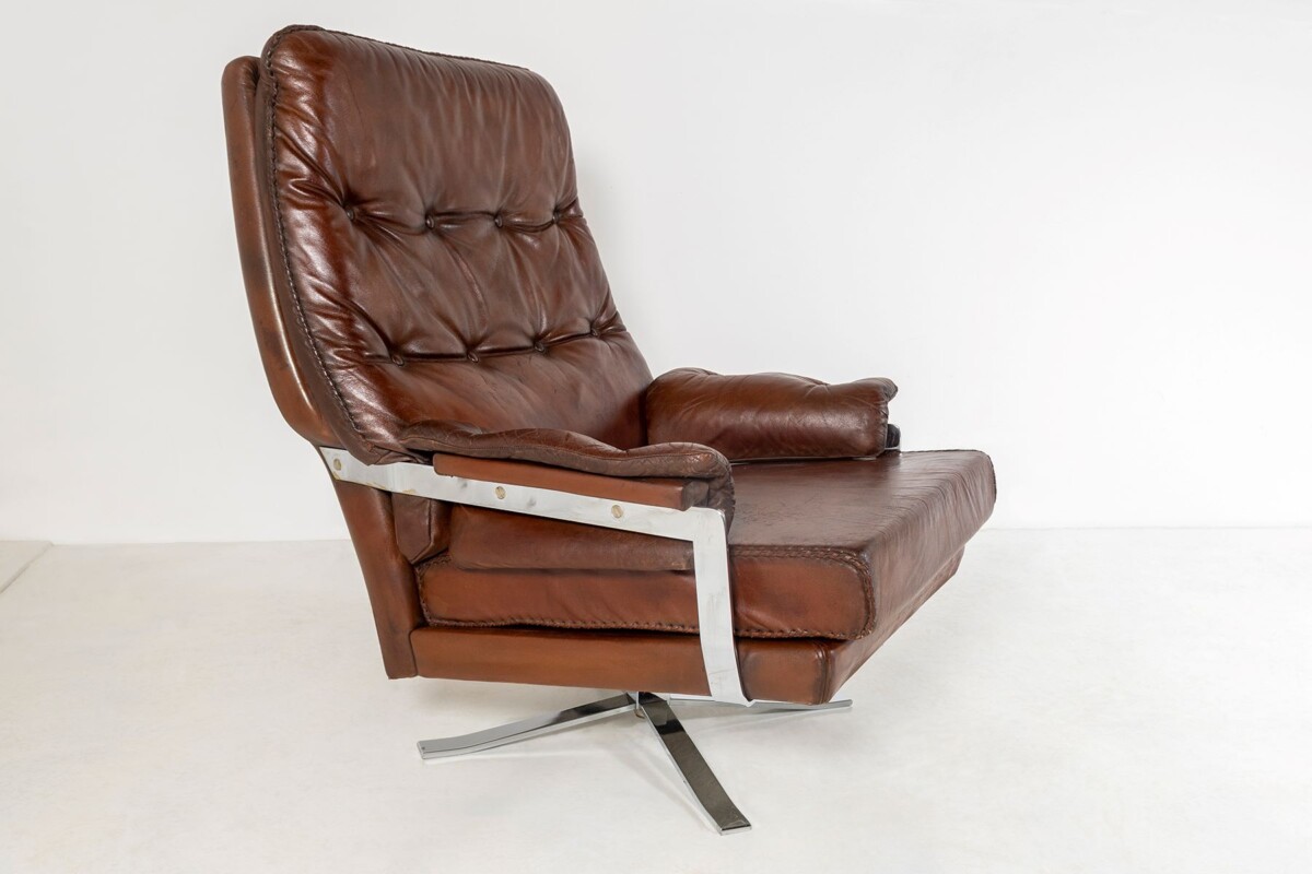 1960s Mid Century Brown Leather Chrome Swivel Chair by Sweedish Designer Arne Norell for Vatne Møbler Norway - Image 15