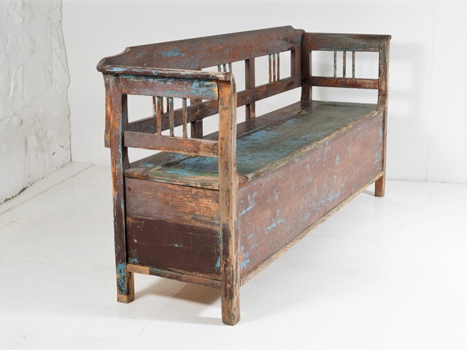 Primitive Rustic Vernacular Box Settle Farmhouse Bench with Seat Storage