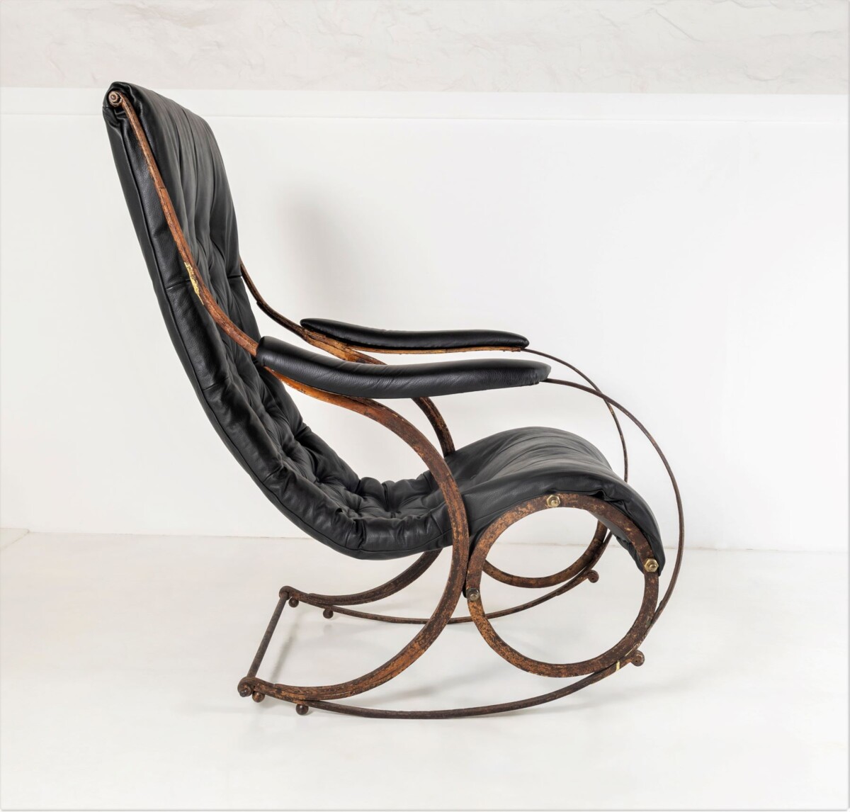 Historic 19th Century Antique Iron Frame Leather Sling Rocking Chair by R W Winfield of England - Image 11