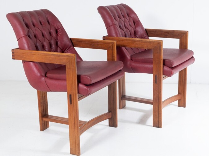 An Exceptional Pair of Bauhaus Influenced Teak Leather Library Study Chairs