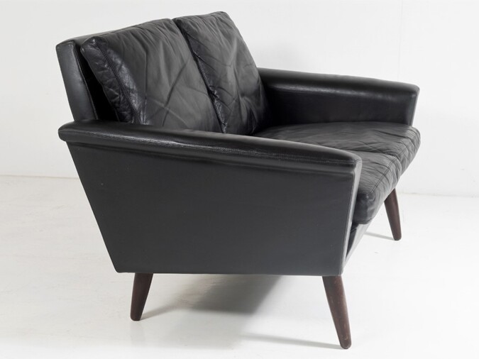 1960s Mid Century Small Danish Two Seater Black Leather Sofa | 2 Person