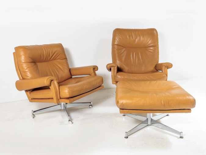 A Pair of 1960s Mid Century Howard Keith Tan Leather Swivel Chairs with Footstool on Chrome Base