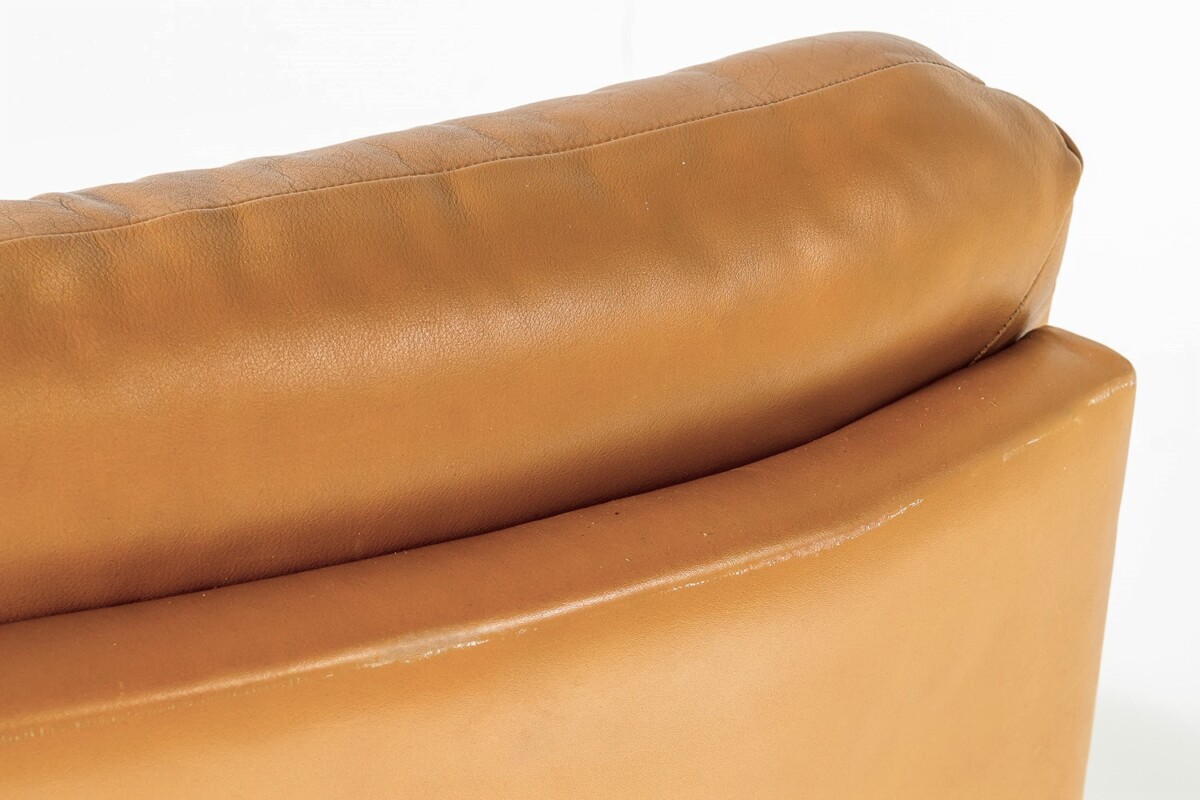 A Pair of 1960s Mid Century Howard Keith Tan Leather Swivel Chairs with Footstool on Chrome Base - Image 8