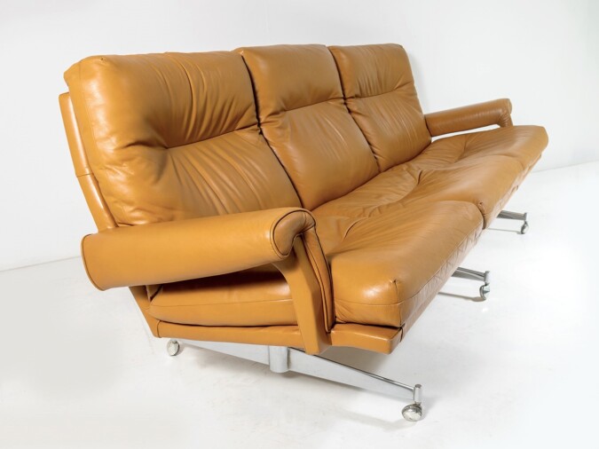 Exceptional 1960s Mid Century Howard Keith Tan Leather Three Seater Sofa on Chrome Base | 3 Person