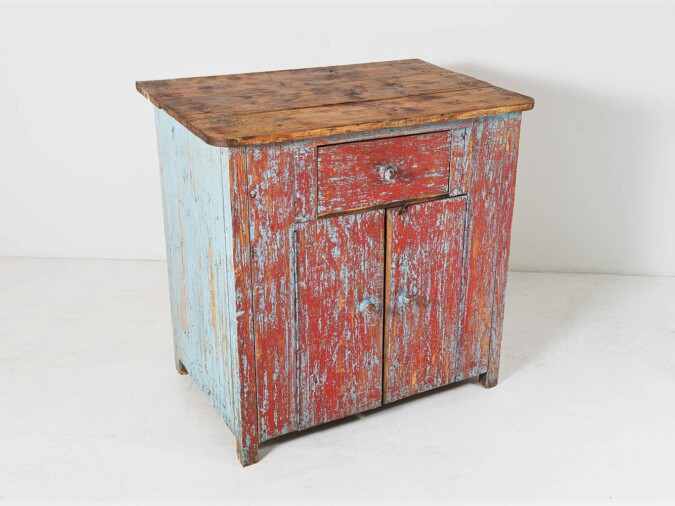 Naive Rustic Solid Pine Cupboard with Distressed Red Blue Paint | Washstand | Kitchen Unit