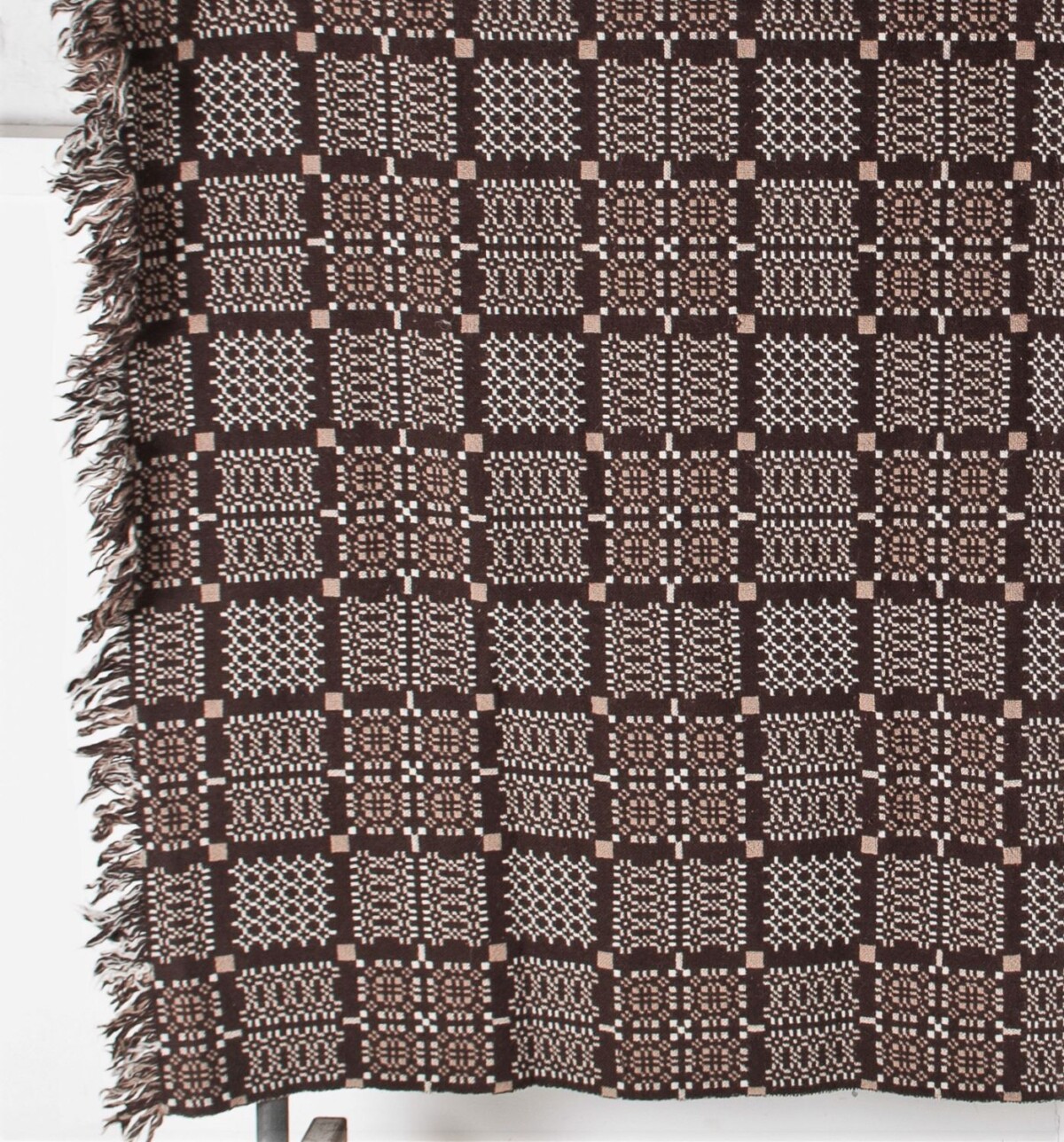 Vintage Welsh Pure Wool Tapestry Blanket - Dark Browns & Cream - Image 8