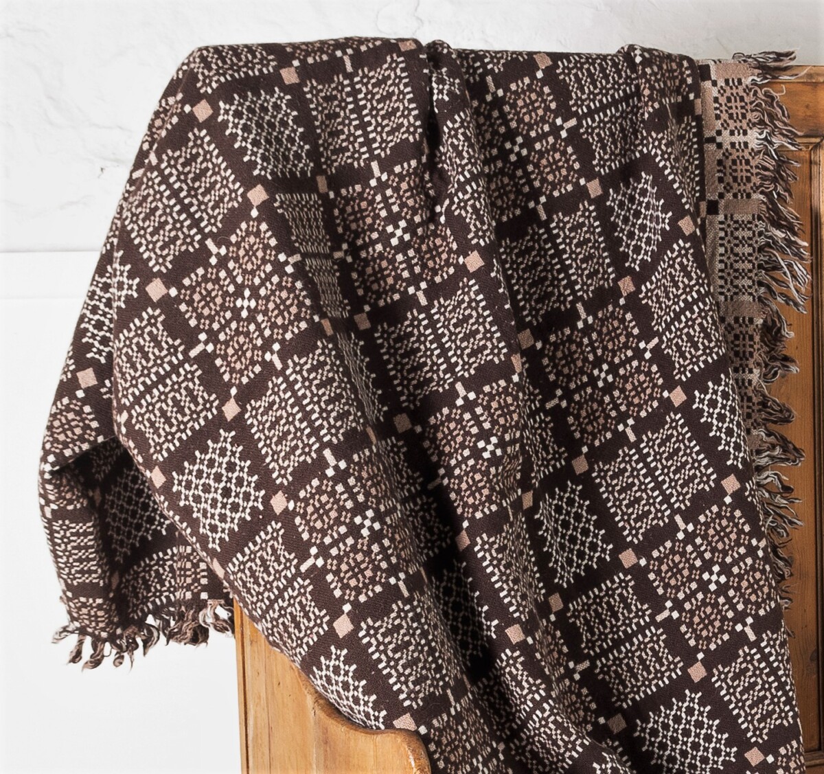 Vintage Welsh Pure Wool Tapestry Blanket - Dark Browns & Cream