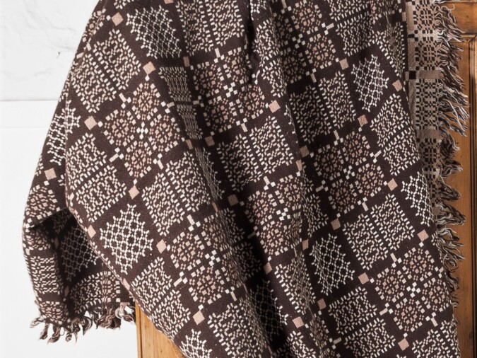 Vintage Welsh Pure Wool Tapestry Blanket - Dark Browns & Cream