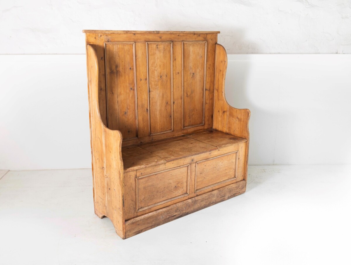 An Original West Country High Back Pine Box Settle Seating Bench with Storage